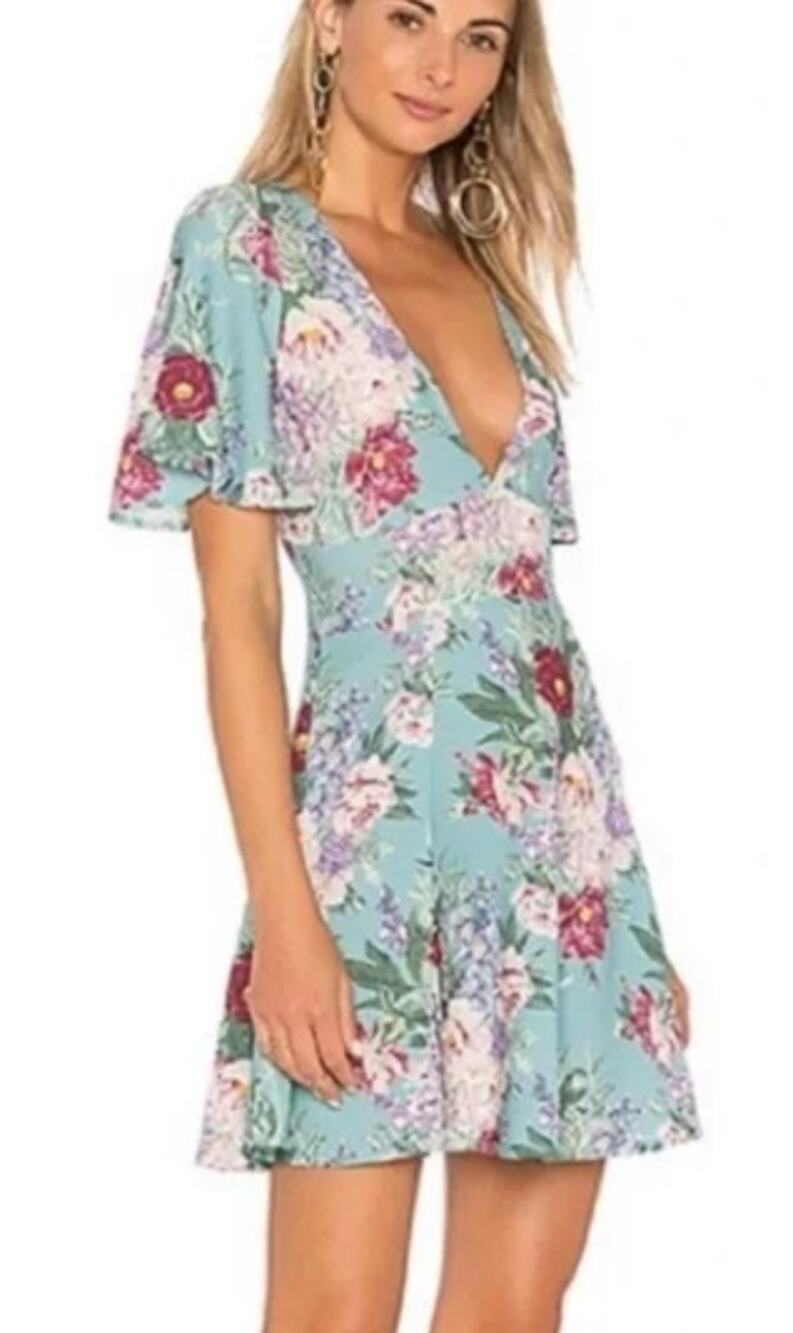 SHOW ME YOUR MUMU Aubrey Floral Mini Dress Small Plunge V-neck Blue Pink Cottage